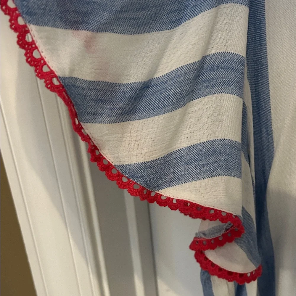 ANDREE BY UNIT Blue and White Striped Blouse with Red Floral Embroidery - Picture 7 of 8